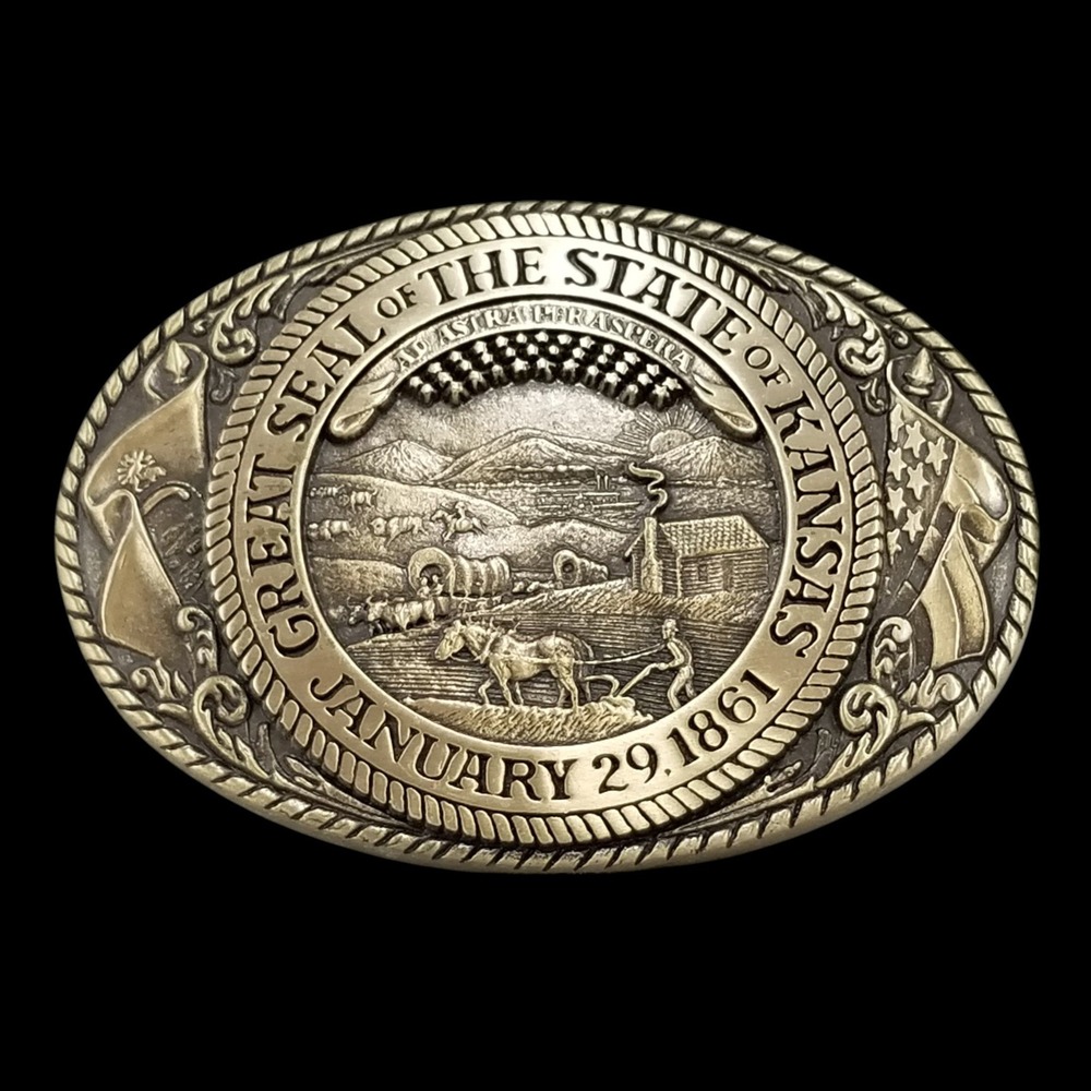 Belt Buckle Vintage Tony Lama Great Seal of the State of Kansas Solid Brass Oval